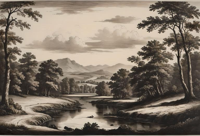 Copperplate Etching,Copperplate Etching, Nature, landscape, no humans, tree, scenery, monochrome, outdoors