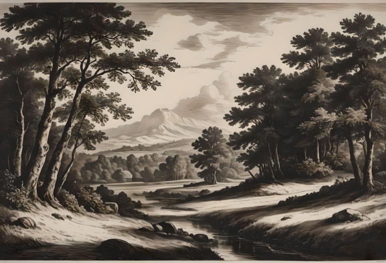 Copperplate Etching,Copperplate Etching, Nature, landscape, no humans, tree, scenery, monochrome, nature