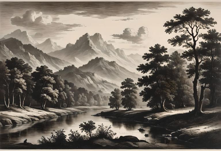 Copperplate Etching,Copperplate Etching, Nature, landscape, no humans, tree, scenery, cloud, sky, monochrome