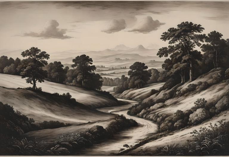 Copperplate Etching,Copperplate Etching, Nature, landscape, no humans, scenery, tree, monochrome, cloud