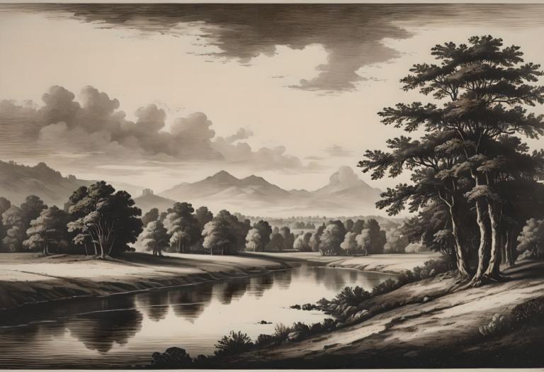 Copperplate Etching,Copperplate Etching, Nature, landscape, no humans, tree, monochrome, scenery, outdoors