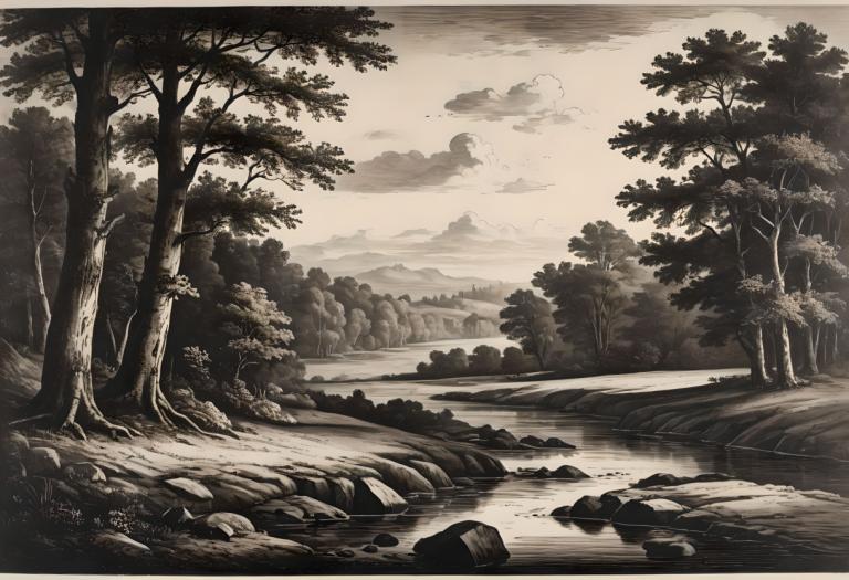 Copperplate Etching,Copperplate Etching, Nature, landscape, no humans, tree, scenery, monochrome, outdoors