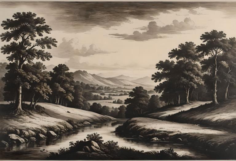 Copperplate Etching,Copperplate Etching, Nature, landscape, no humans, tree, scenery, monochrome, outdoors