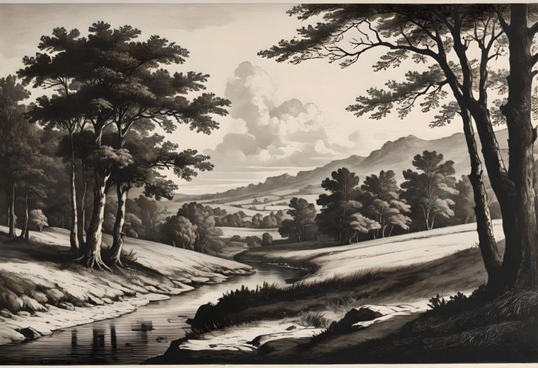 Copperplate Etching,Copperplate Etching, Nature, landscape, no humans, tree, scenery, outdoors, monochrome