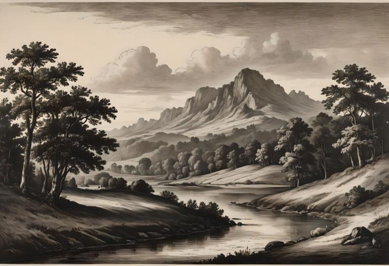 Copperplate Etching,Copperplate Etching, Nature, landscape, no humans, scenery, tree, monochrome, cloud