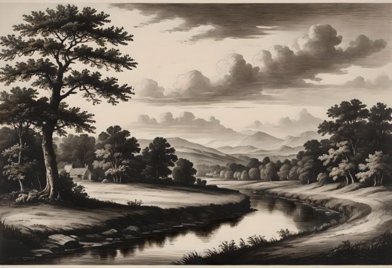 Copperplate Etching,Copperplate Etching, Nature, landscape, no humans, tree, monochrome, scenery, cloud