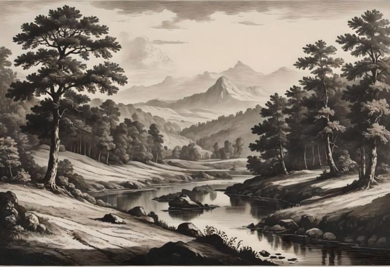 铜版画,铜版画, 自然, 风景, 没有人类, 风景, 树, 单色, 户外, 自然, 河, 云, 山, 森林, 天空, 水, 湖, 景观, 岩石, 灰度