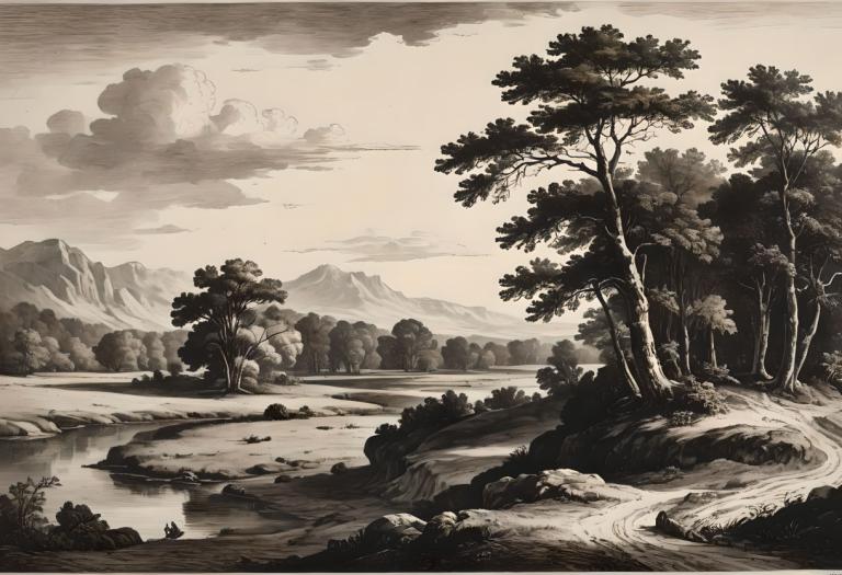 Copperplate Etching,Copperplate Etching, Nature, landscape, tree, scenery, no humans, monochrome, outdoors