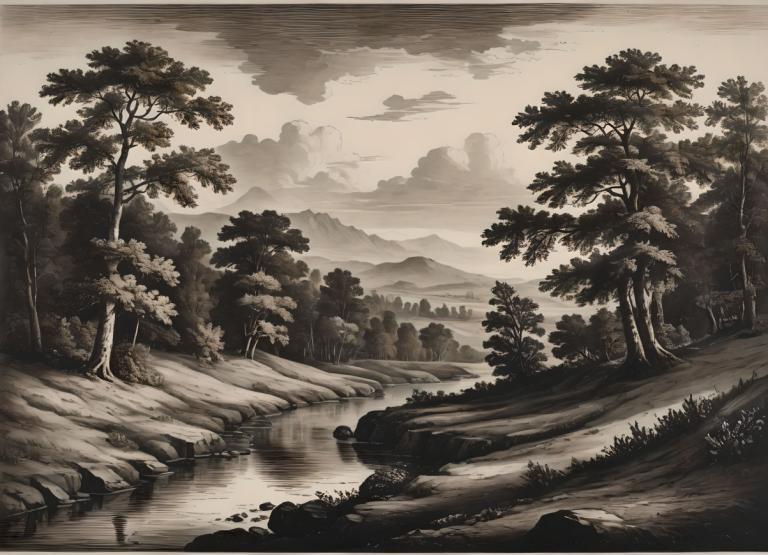 Copperplate Etching,Copperplate Etching, Nature, landscape, tree, scenery, no humans, monochrome, cloud