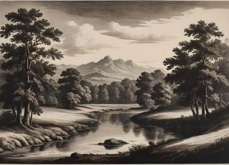 Kupferstich,Kupferstich, Natur, Landschaft, keine Menschen, Landschaft, Baum, einfarbig, draußen, Wolke