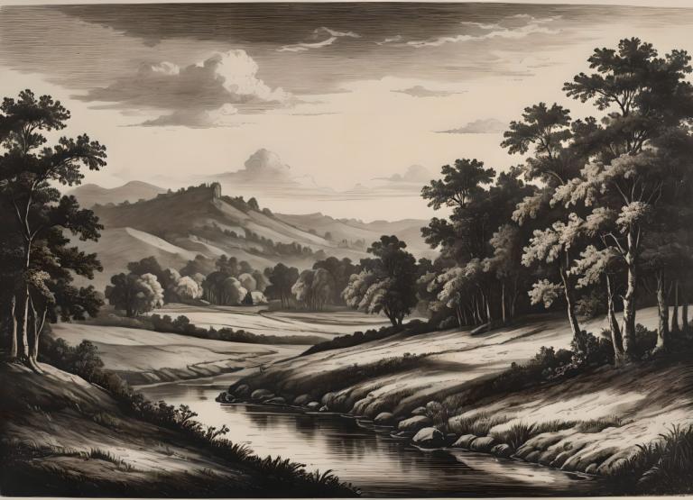 Copperplate Etching,Copperplate Etching, Nature, landscape, no humans, tree, scenery, outdoors, monochrome