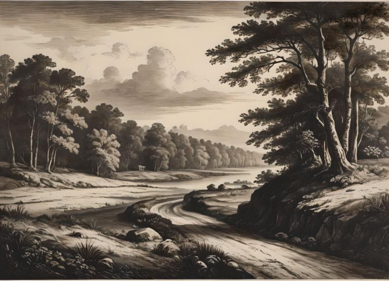 Kupferstich,Kupferstich, Natur, Landschaft, keine Menschen, Baum, Landschaft, einfarbig, draußen, Wolke