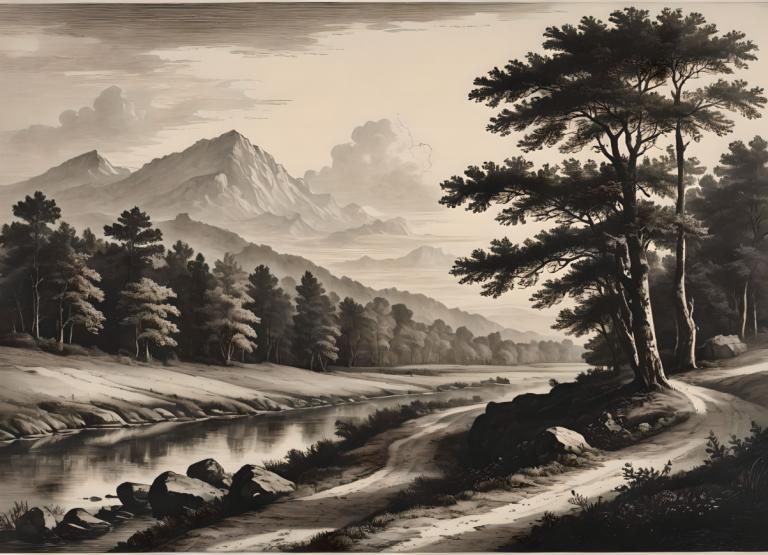 Kupferstich,Kupferstich, Natur, Landschaft, keine Menschen, Baum, Landschaft, draußen, einfarbig, Wolke