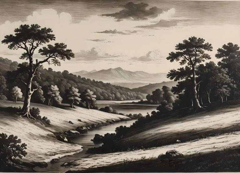 Copperplate Etching,Copperplate Etching, Nature, landscape, no humans, tree, scenery, outdoors, monochrome