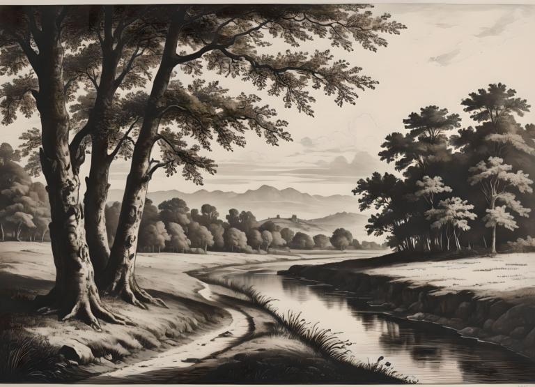 Copperplate Etching,Copperplate Etching, Nature, landscape, tree, no humans, scenery, monochrome, outdoors