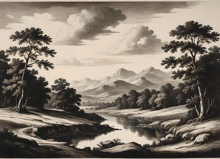 Copperplate Etching,Copperplate Etching, Nature, landscape, no humans, tree, scenery, monochrome, cloud