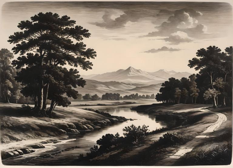 Copperplate Etching,Copperplate Etching, Nature, landscape, no humans, tree, scenery, cloud, outdoors, sky