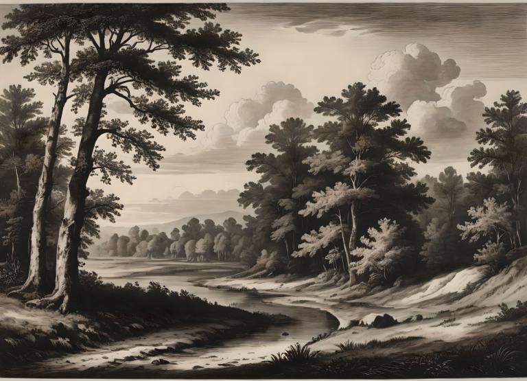 Copperplate Etching,Copperplate Etching, Nature, landscape, no humans, tree, scenery, monochrome, cloud