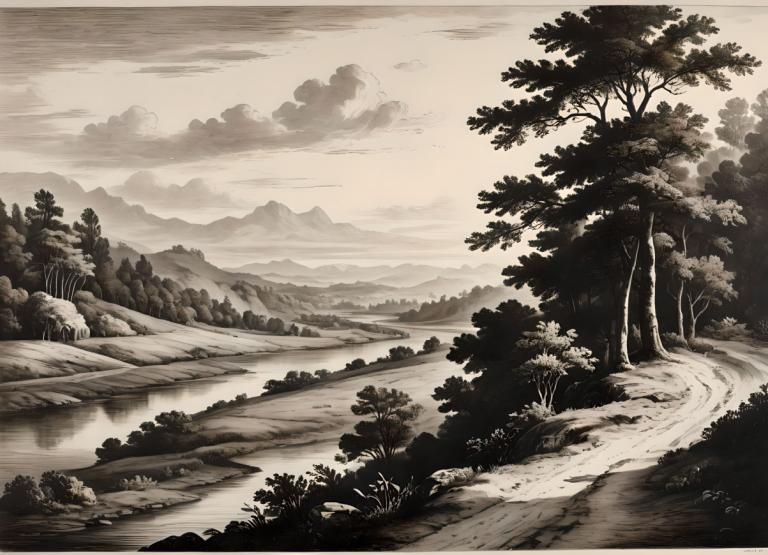 Copperplate Etching,Copperplate Etching, Nature, landscape, no humans, scenery, tree, monochrome, outdoors