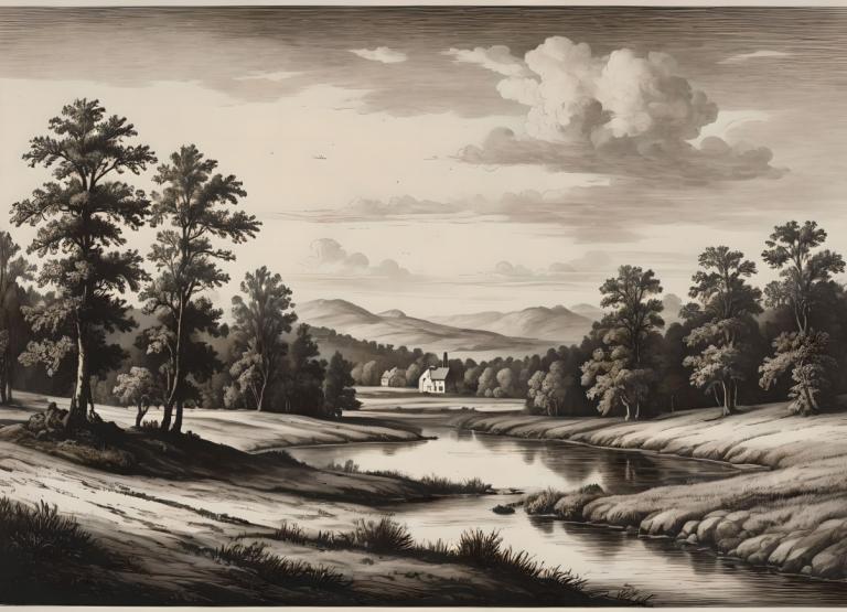 Copperplate Etching,Copperplate Etching, Nature, landscape, tree, monochrome, scenery, no humans, cloud