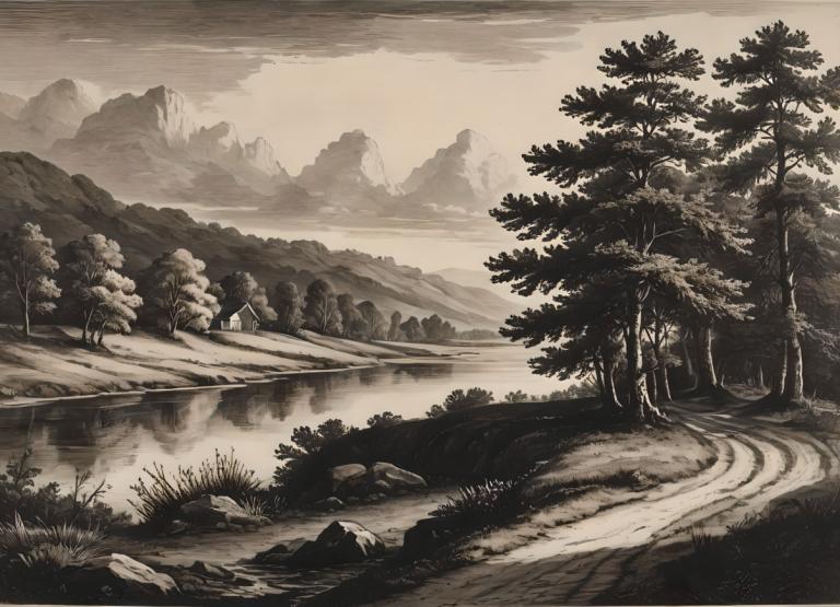 Copperplate Etching,Copperplate Etching, Nature, landscape, no humans, tree, scenery, outdoors, monochrome