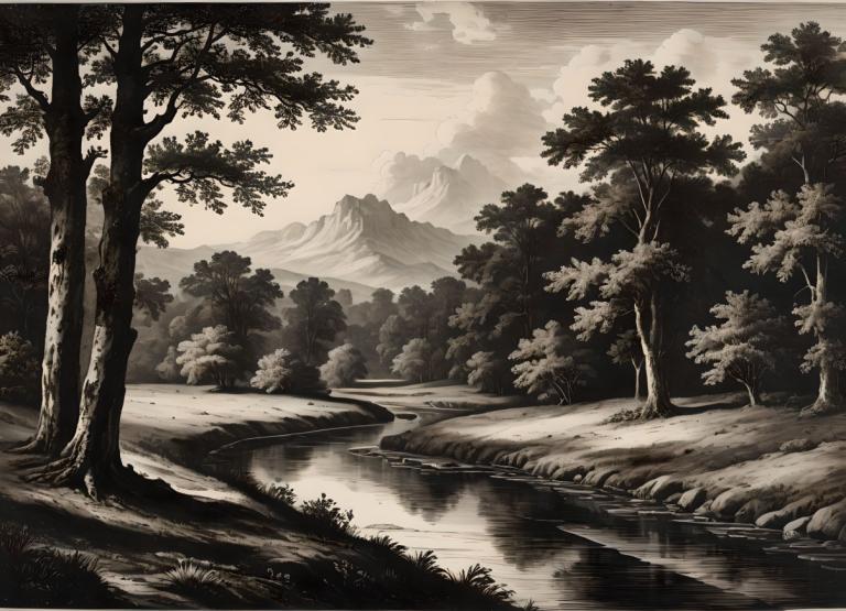 Copperplate Etching,Copperplate Etching, Nature, landscape, no humans, tree, scenery, outdoors, monochrome