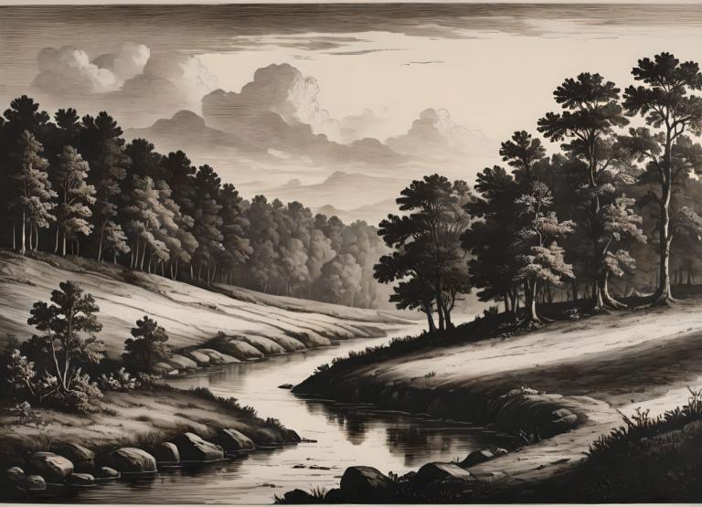 Copperplate Etching,Copperplate Etching, Nature, landscape, tree, no humans, scenery, monochrome, outdoors