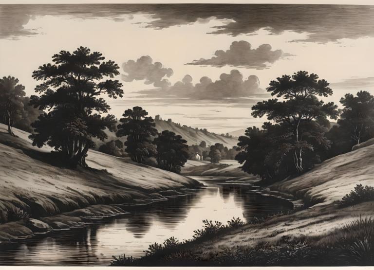 Copperplate Etching,Copperplate Etching, Nature, landscape, no humans, tree, scenery, outdoors, cloud