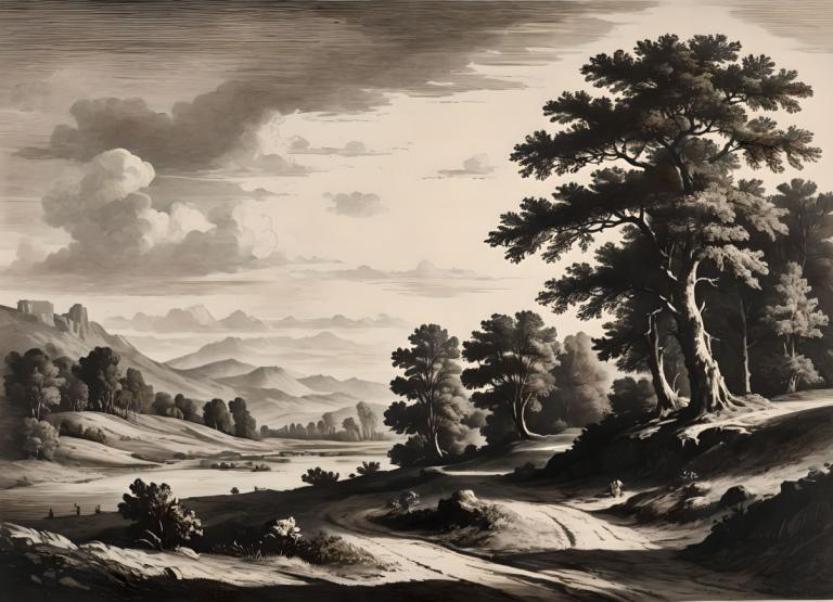 Copperplate Etching,Copperplate Etching, Nature, landscape, tree, scenery, no humans, monochrome, cloud