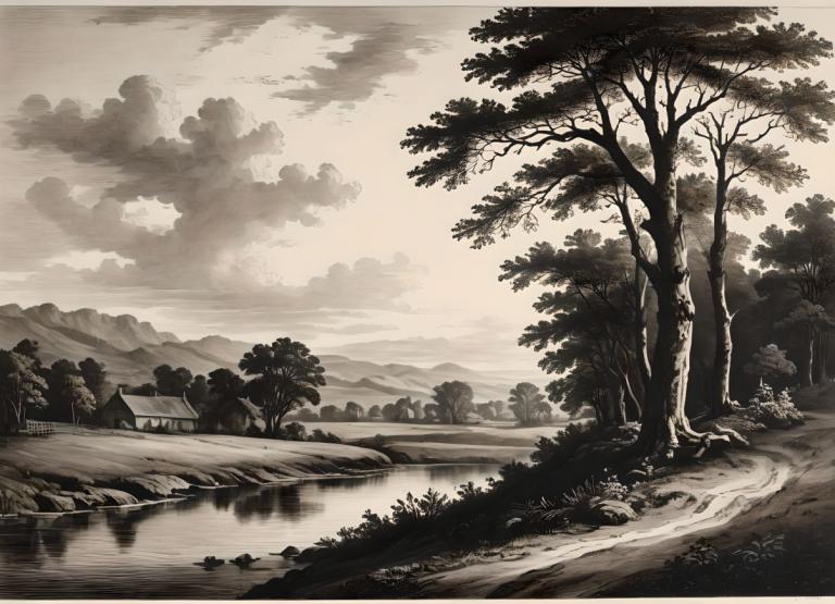 Copperplate Etching,Copperplate Etching, Nature, landscape, tree, no humans, scenery, monochrome, cloud