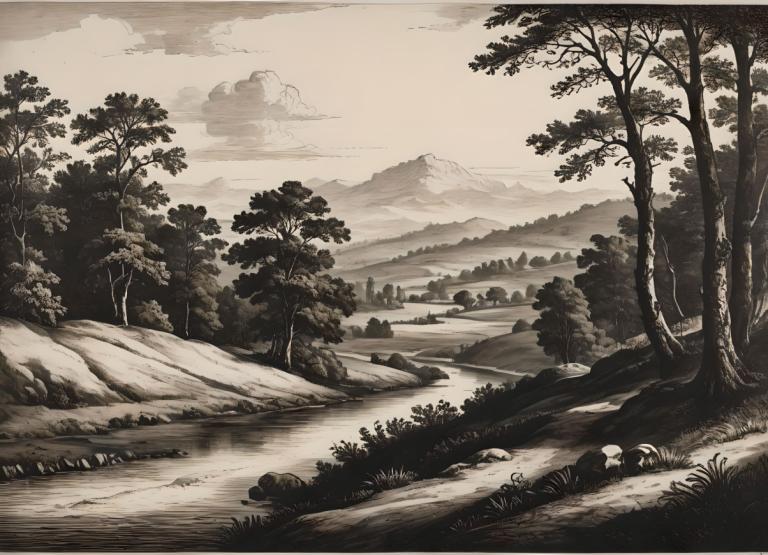 Copperplate Etching,Copperplate Etching, Nature, landscape, no humans, scenery, tree, outdoors, monochrome