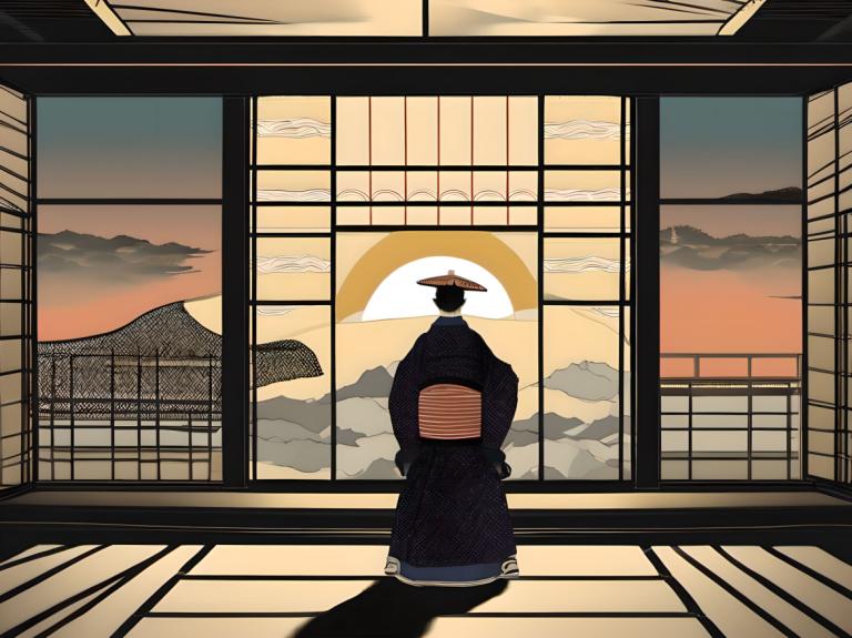 Ukiyo-E,Ukiyo-E, Mennesker, Mann, solo, 1 gutt, hatt, mannlig fokus, japanske klær, fjell, kimono, Sky, sol