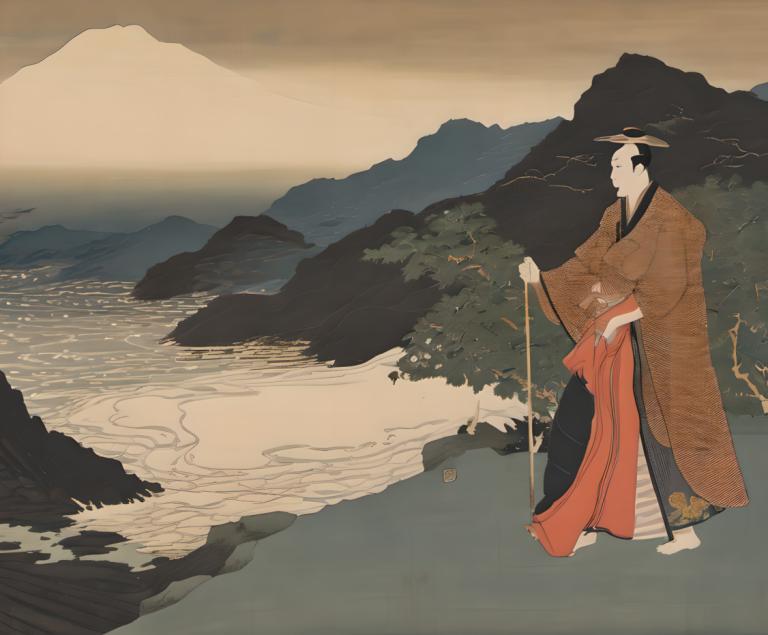 Ukiyo-E,Ukiyo-E, İnsanlar, Adam, solo, 1kız, güzel sanatlar parodisi, hale, japon giysileri, siyah saç, dağ