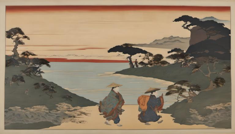 Ukiyo-E,Ukiyo-E, Lidé, muž, více chlapců, venku, čepice, strom, 2 kluci, okraj, voda, japonské oblečení