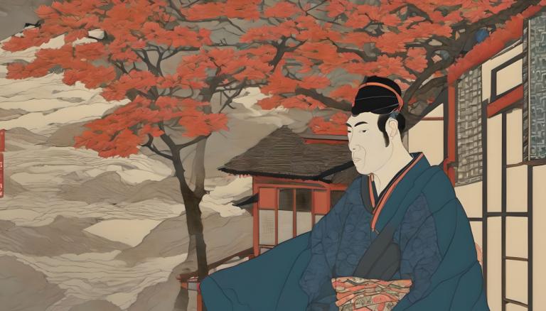 Ukiyo-E,Ukiyo-E, Gente, hombre, solo, ropa japonesa, kimono, árbol, pelo negro, arquitectura, faja