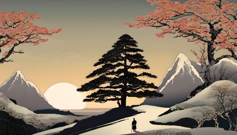 Ukiyo-E,Ukiyo-E, People, man, tree, mountain, 1girl, scenery, outdoors, solo, sky, sunset, sun, standing