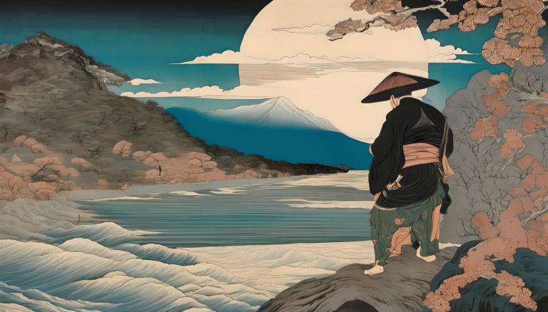 Ukiyo-E,Ukiyo-E, People, man, solo, 1boy, male focus, hat, mountain, cloud, moon, japanese clothes, sky