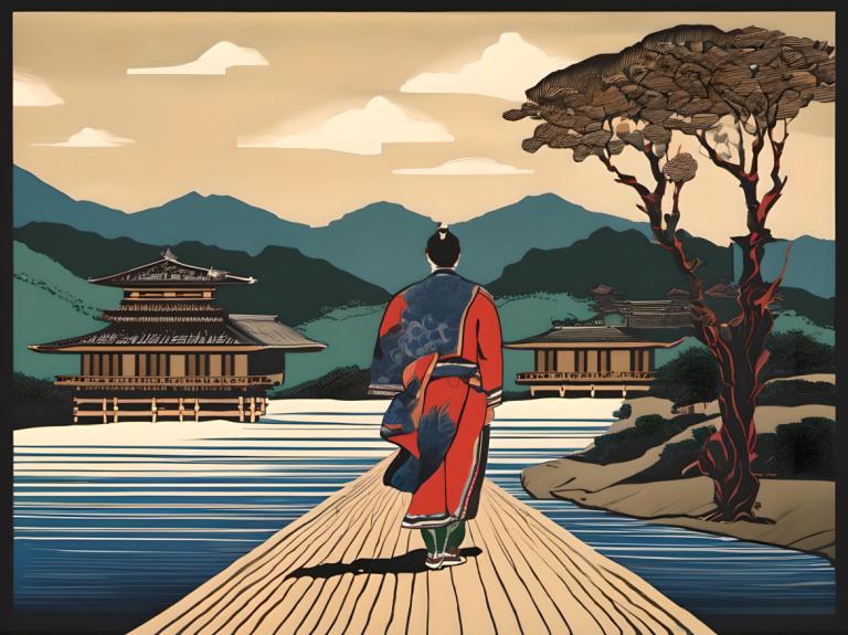 Ukiyo-E,Ukiyo-E, People, man, tree, japanese clothes, solo, kimono, outdoors, 1boy, mountain, male focus