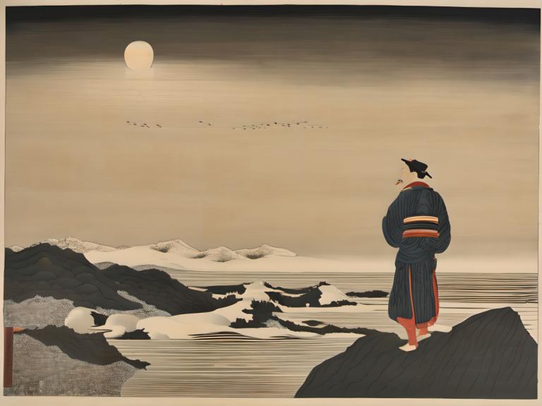 Ukiyo-E,Ukiyo-E, människor, man, fågel, 1 pojke, manligt fokus, solo, konstparodi, barfota, utomhus, stående