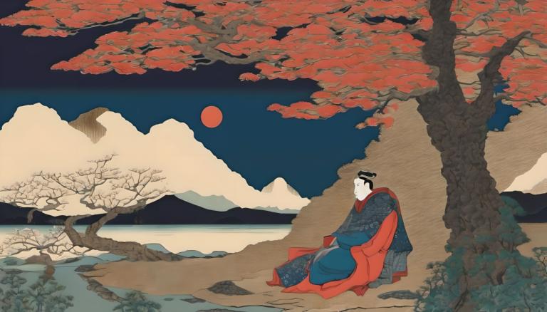 Ukiyo-E,Ukiyo-E, Lidé, muž, strom, sólo, měsíc, sedící, černé vlasy, venku, 1 kluk, hora, nebe