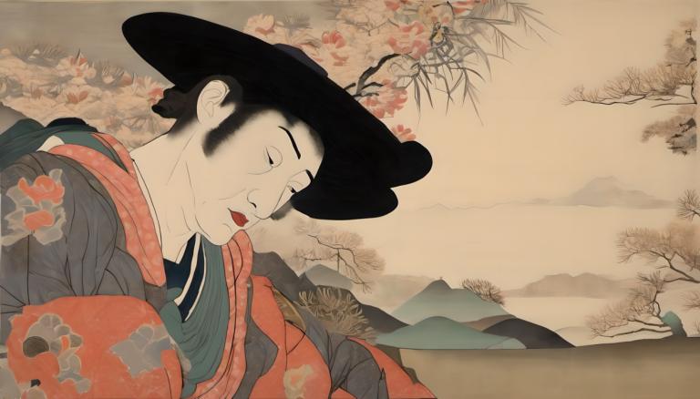 Ukiyo-E,Ukiyo-E, Ανθρωποι, άνδρας, μονοφωνία, παρωδία καλών τεχνών, μαύρα μαλλιά, καπέλο, ιαπωνικά ρούχα