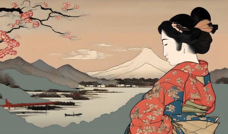 Ukiyo-E,Ukiyo-E, Gente, mujer, 1 chica, ropa japonesa, kimono, solo, montaña, pelo negro, Ojos cerrados