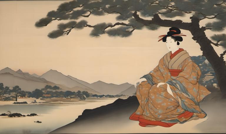 Ukiyo-E,Ukiyo-E, People, woman, 1girl, solo, japanese clothes, kimono, tree, black hair, mountain