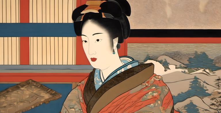 Ukiyo-E,Ukiyo-E, Menschen, Frau, 1Mädchen, Solo, schwarzes Haar, rote Lippen, japanische Kleidung, Ohrringe