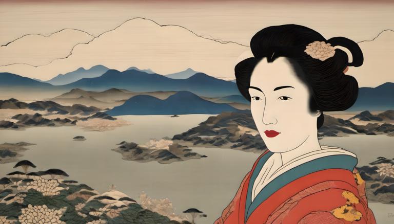 Ukiyo-E,Ukiyo-E, Lidé, žena, 1 dívka, sólo, černé vlasy, japonské oblečení, ozdoba do vlasů, květ