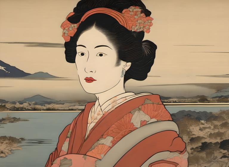 Ukiyo-E,Ukiyo-E, Ljudje, ženska, 1 dekle, solo, japonska oblačila, Črni lasje, kimono, šminka, okras za lase