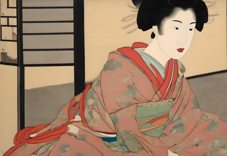 Ukiyo-E,Ukiyo-E, Gente, mujer, 1 chica, ropa japonesa, solo, kimono, pelo negro, faja, lápiz labial