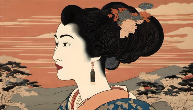 Ukiyo-E,Ukiyo-E, People, woman, 1girl, solo, black hair, earrings, jewelry, cloud, hair ornament, lipstick