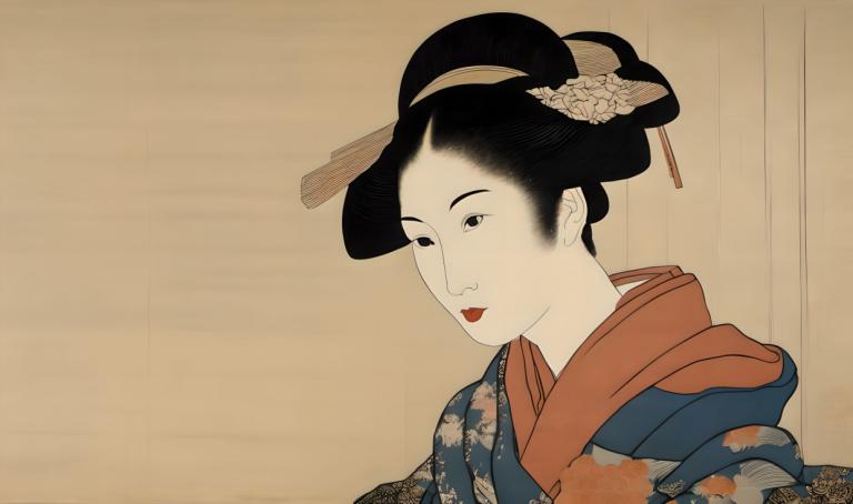 Ukiyo-E,Ukiyo-E, Gente, mujer, 1 chica, solo, ropa japonesa, adorno para el pelo, kimono, pelo negro