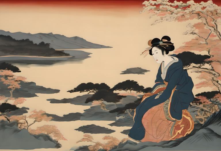 Ukiyo-E,Ukiyo-E, Rakyat, wanita, 1 gadis, solo, rambut hitam, pakaian jepang, duduk, parodi seni rupa, kimono